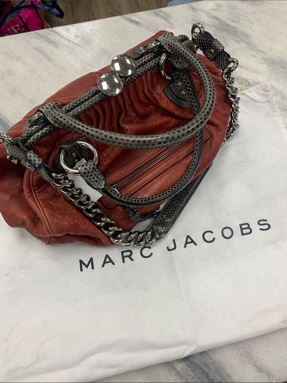 Marc Jacobs Rust Red Leather Shoulder Bag with Gray Snake-Trim and Silver Chain - Picture 1 of 11